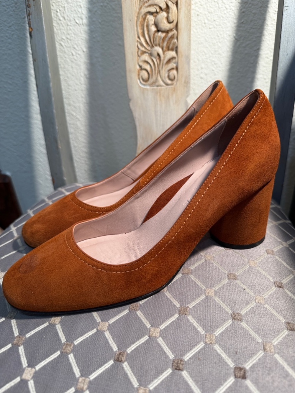 Taryn Rose Suede Block Heel Pumps in Rust Brown